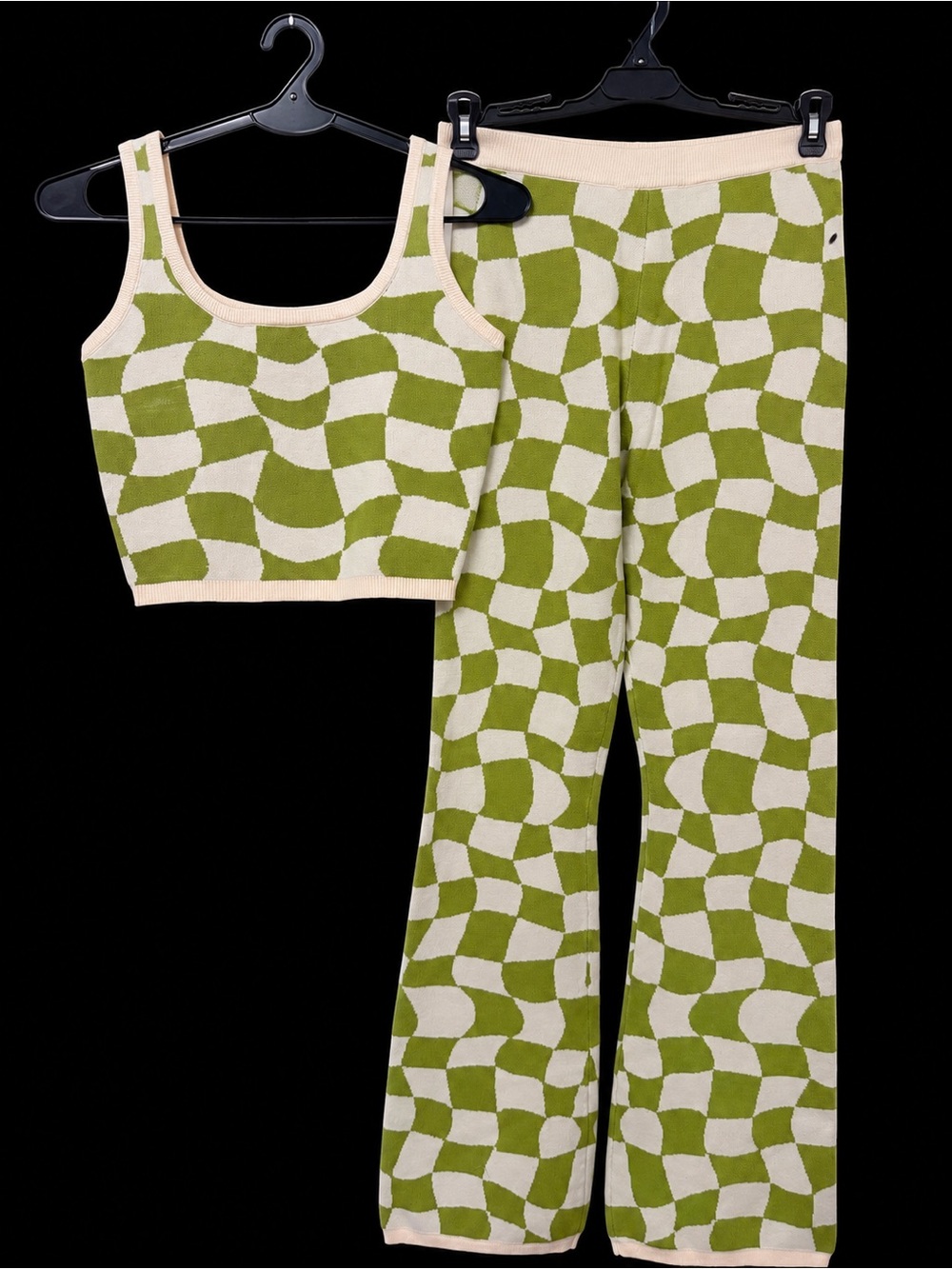 Bailey Rose Green Checker Knit 2 Piece Set Crop Tank/ Pants